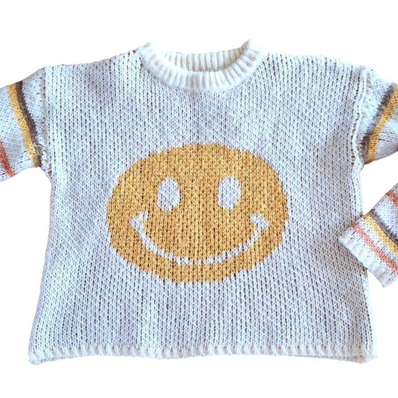 Smiley Face Sweater Yellow Striped Loose Knit Pullover Small by Easel NWT Cream - Picture 4 of 16